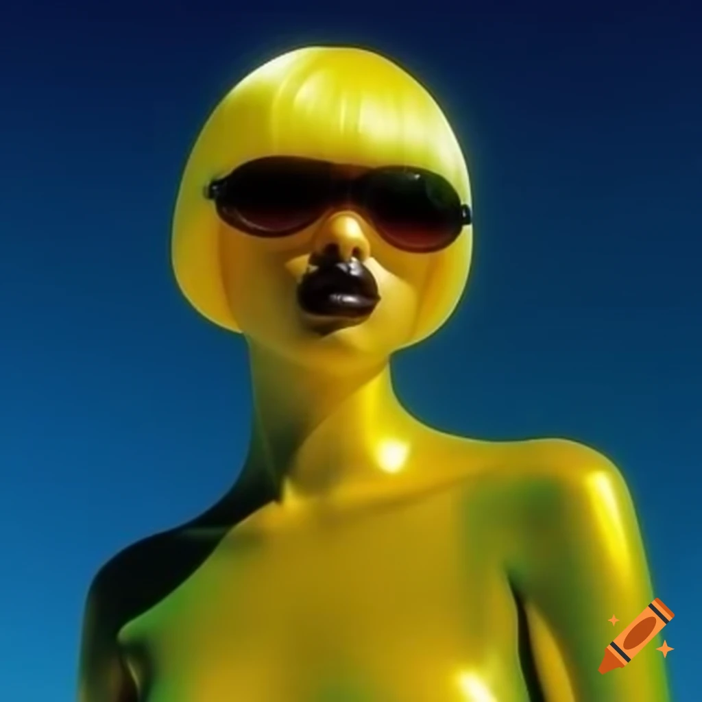 Iridescent yellow glass statue in pop surreal photography style from 2000s