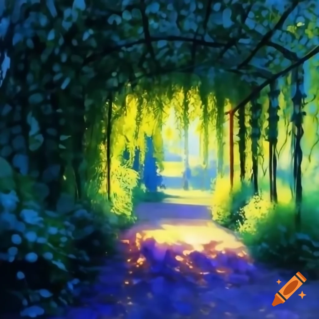 Garden path with vines and foliage, dappled sunlight, thick paint textures