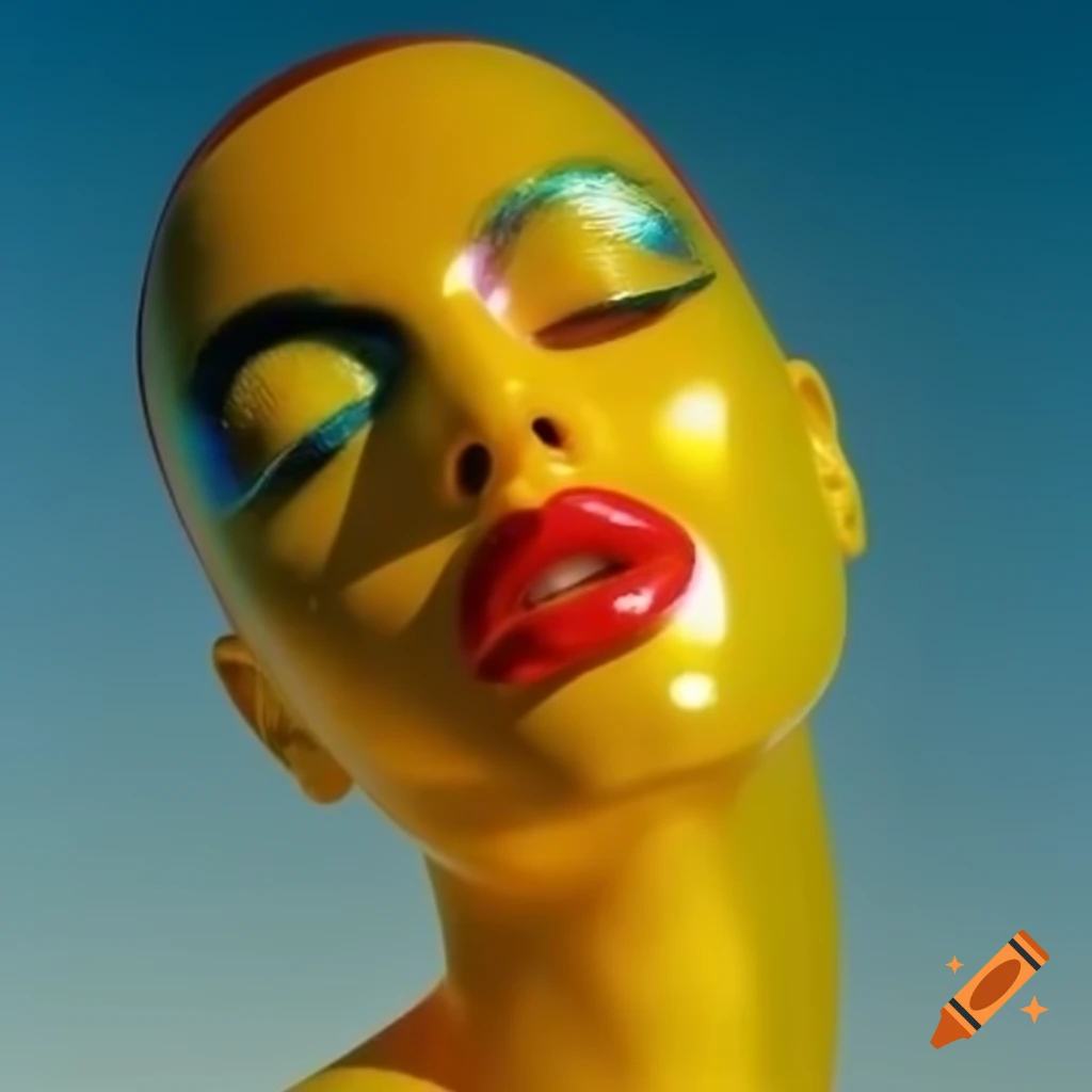 Pop surreal photography featuring iridescent yellow glass statue