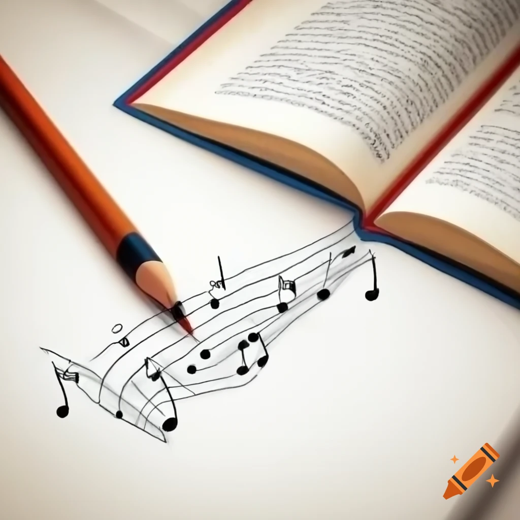 Pencil and music notes rising from an open book