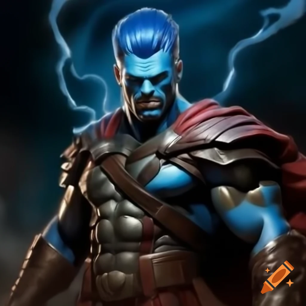 Kallark from Marvel, a powerful blue-skinned superhero Gladiator in cloak with mohawk