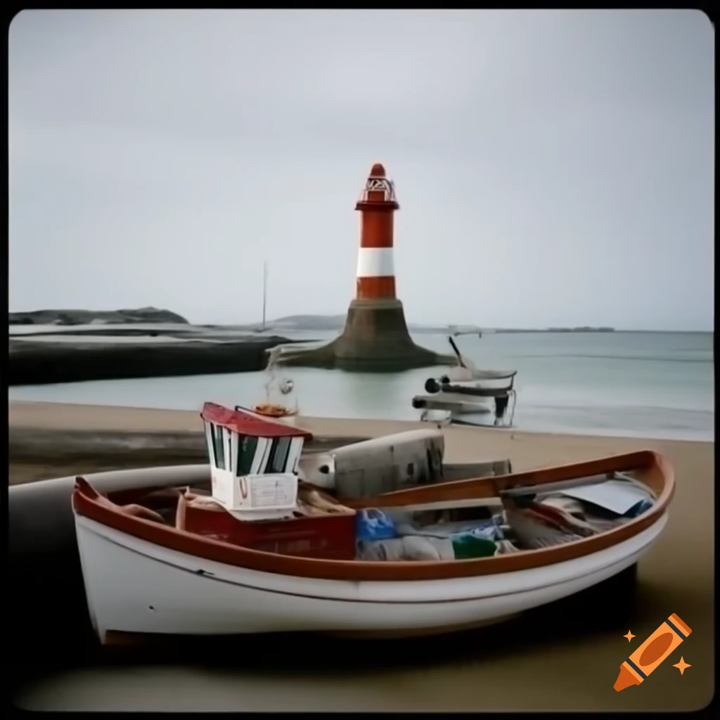 Color photo of fishermen's boat near lighthouse and beach with harbor in background