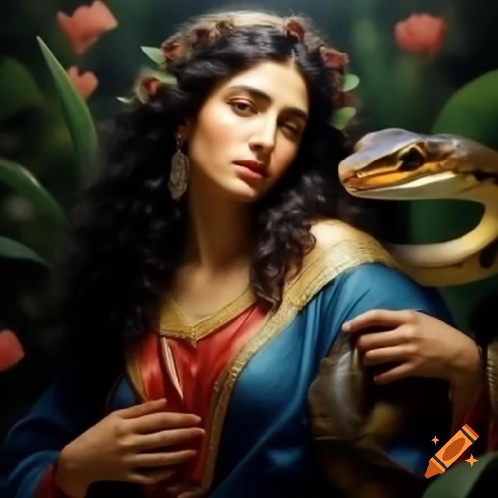 Virgin Mary Magdalene in lush garden with living snake, colorful attire