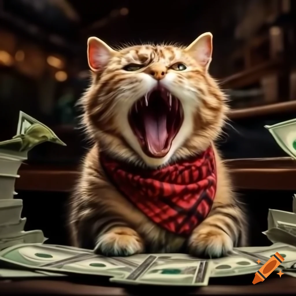Kitten in red bandana with stacks of cash in paws before stock market