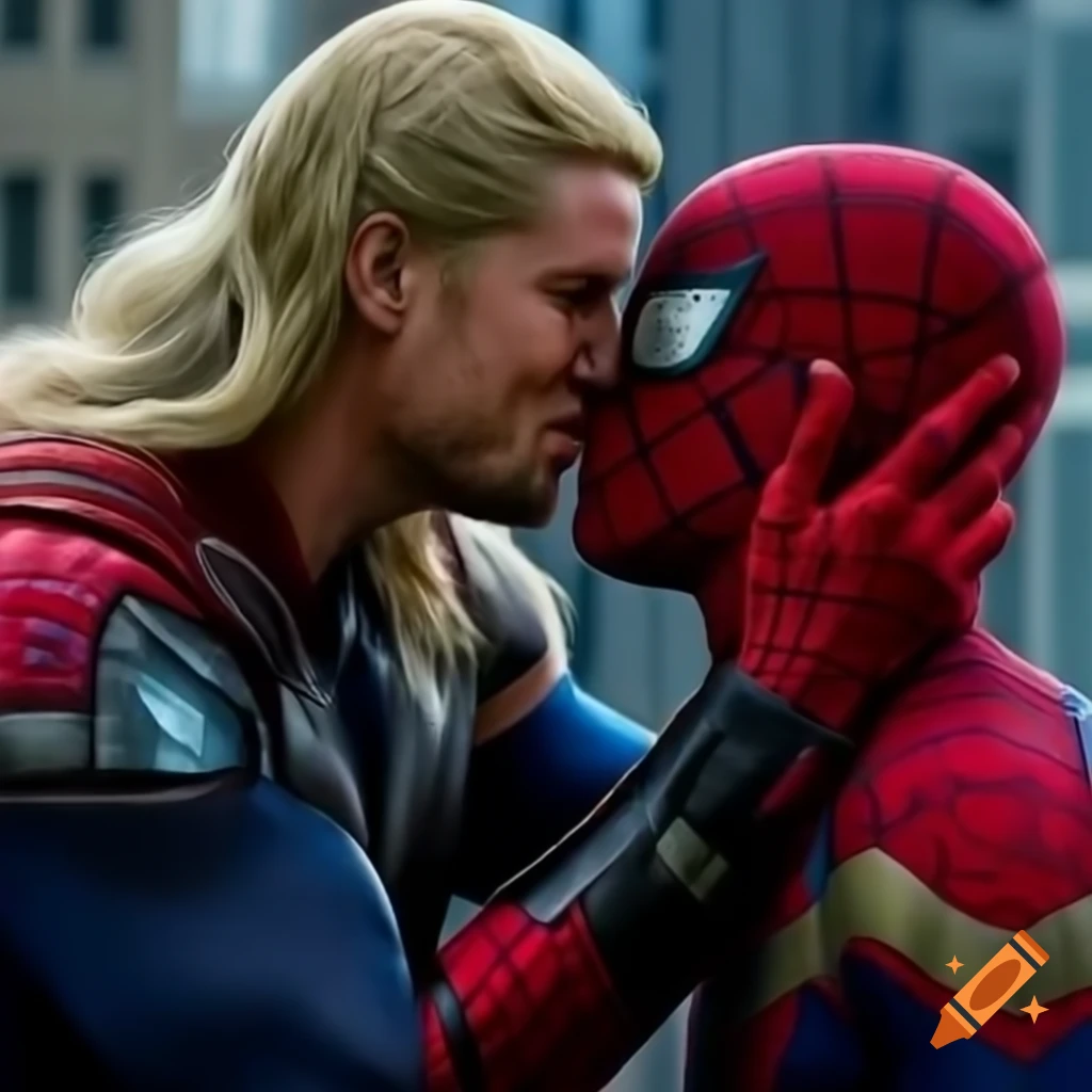 Thor and Spider-Man sharing a kiss in a comic-style scene