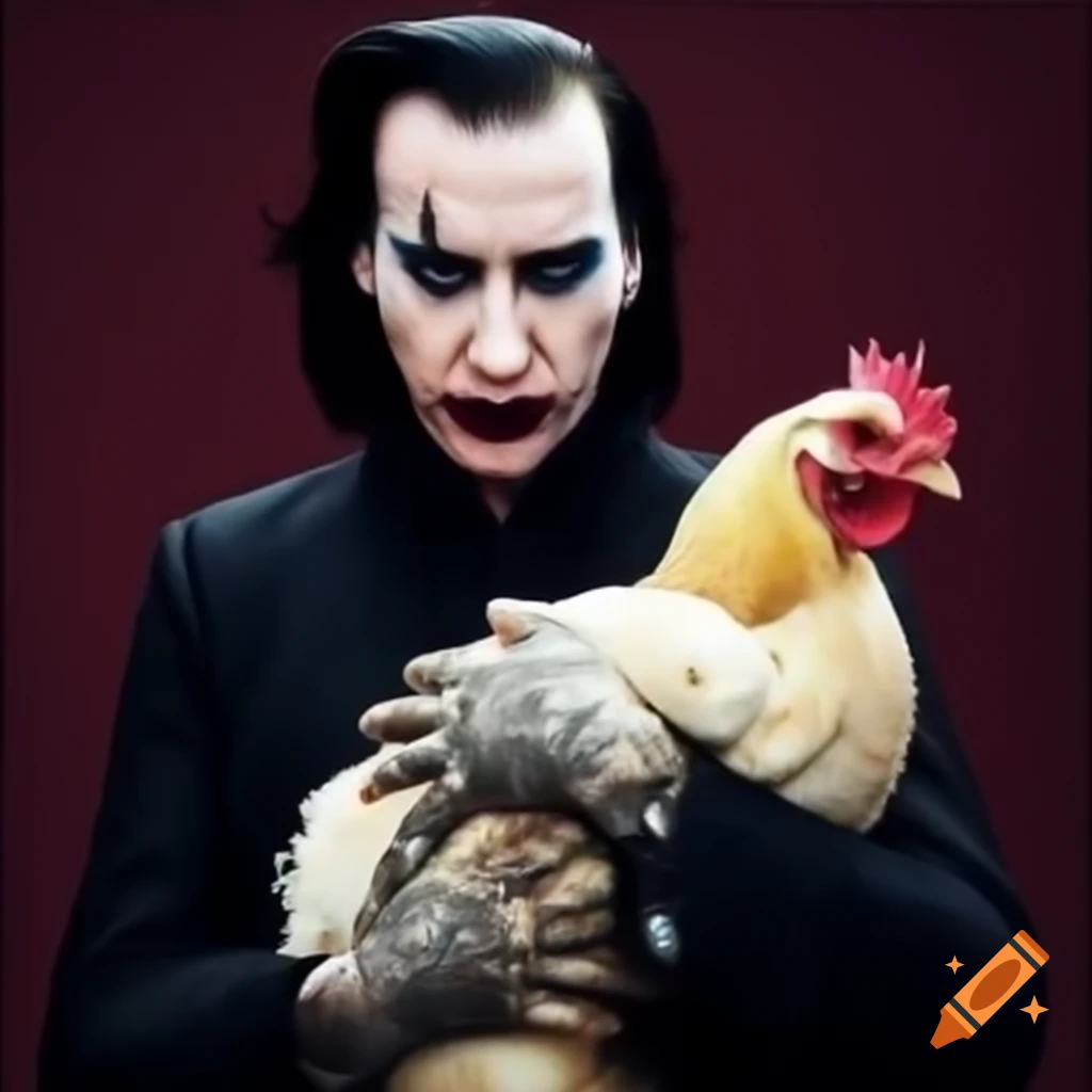 Marilyn Manson holding a large chicken