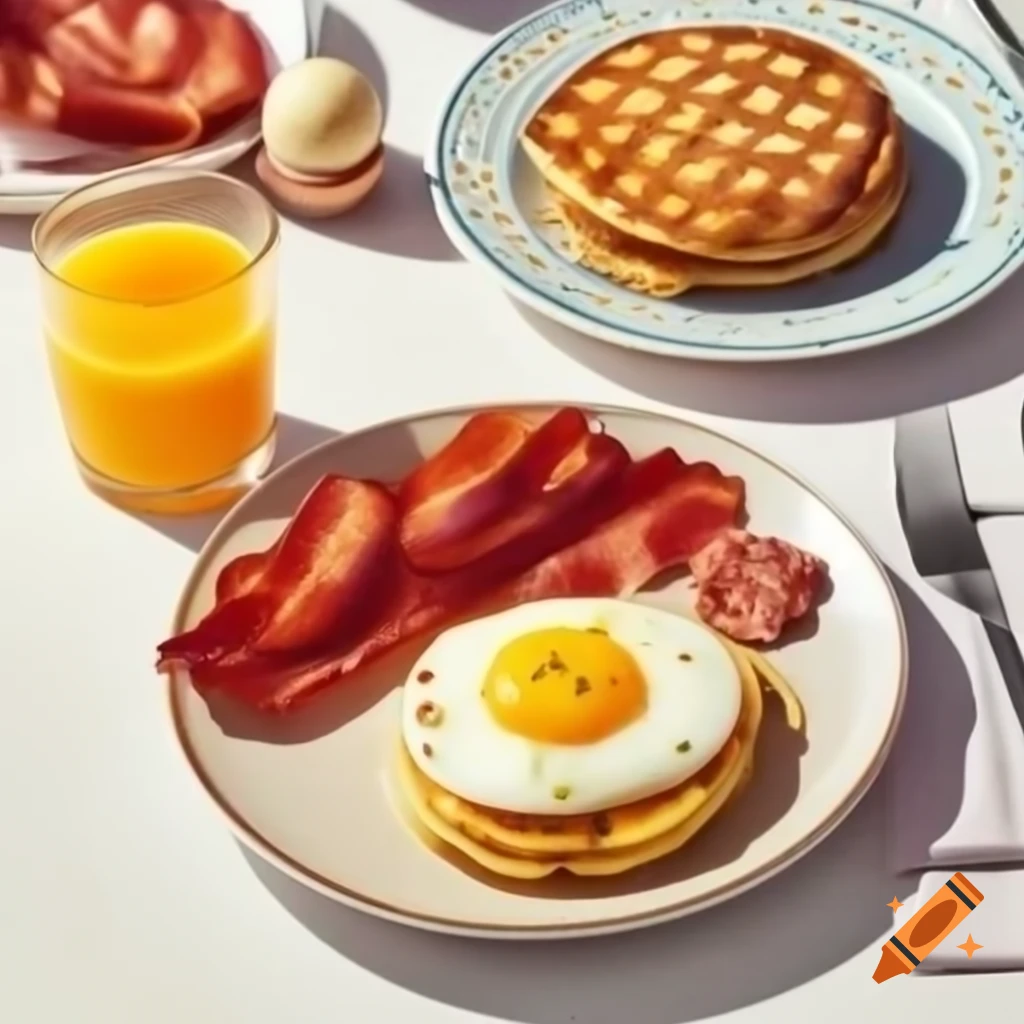 Breakfast spread with eggs, bacon, and pancakes with toppings, decorated with orange juice