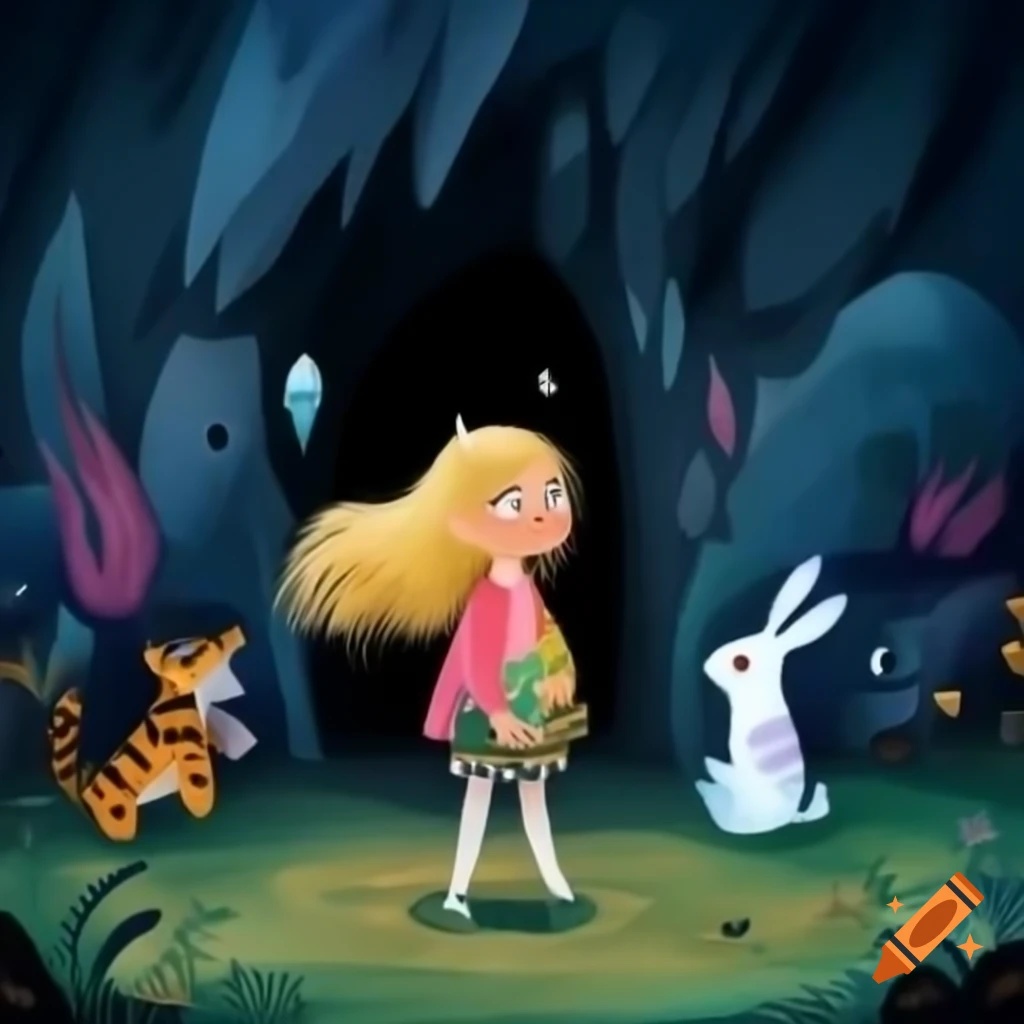 Curious girl with white rabbit and tiger at cave entrance with jewels