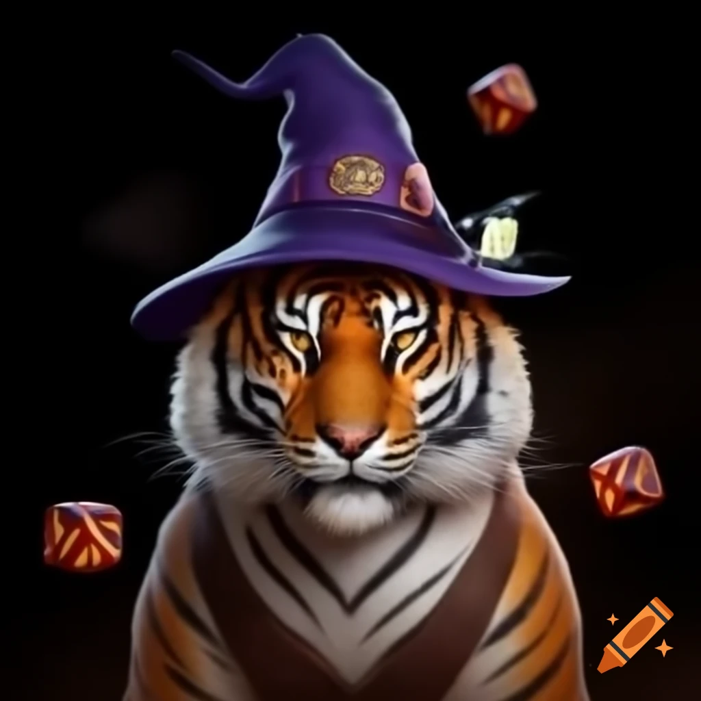 Tiger wearing wizard hat rolling D&D dice