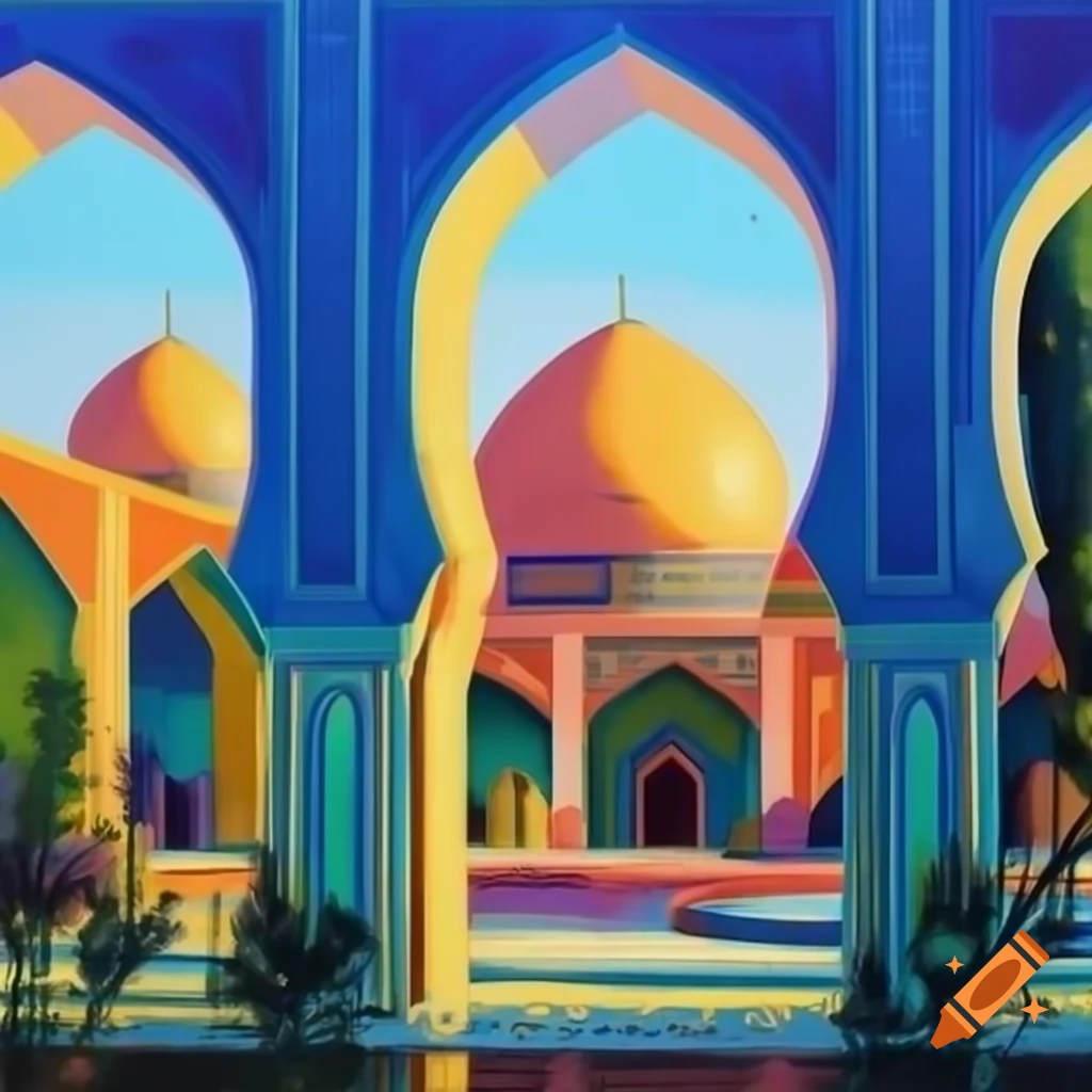Watercolor painting of Persian arches and domes with a flower garden