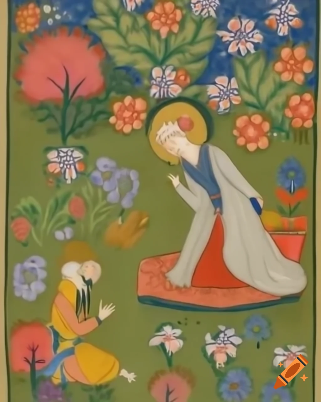 Medieval Persian poet in blooming garden contemplating verses