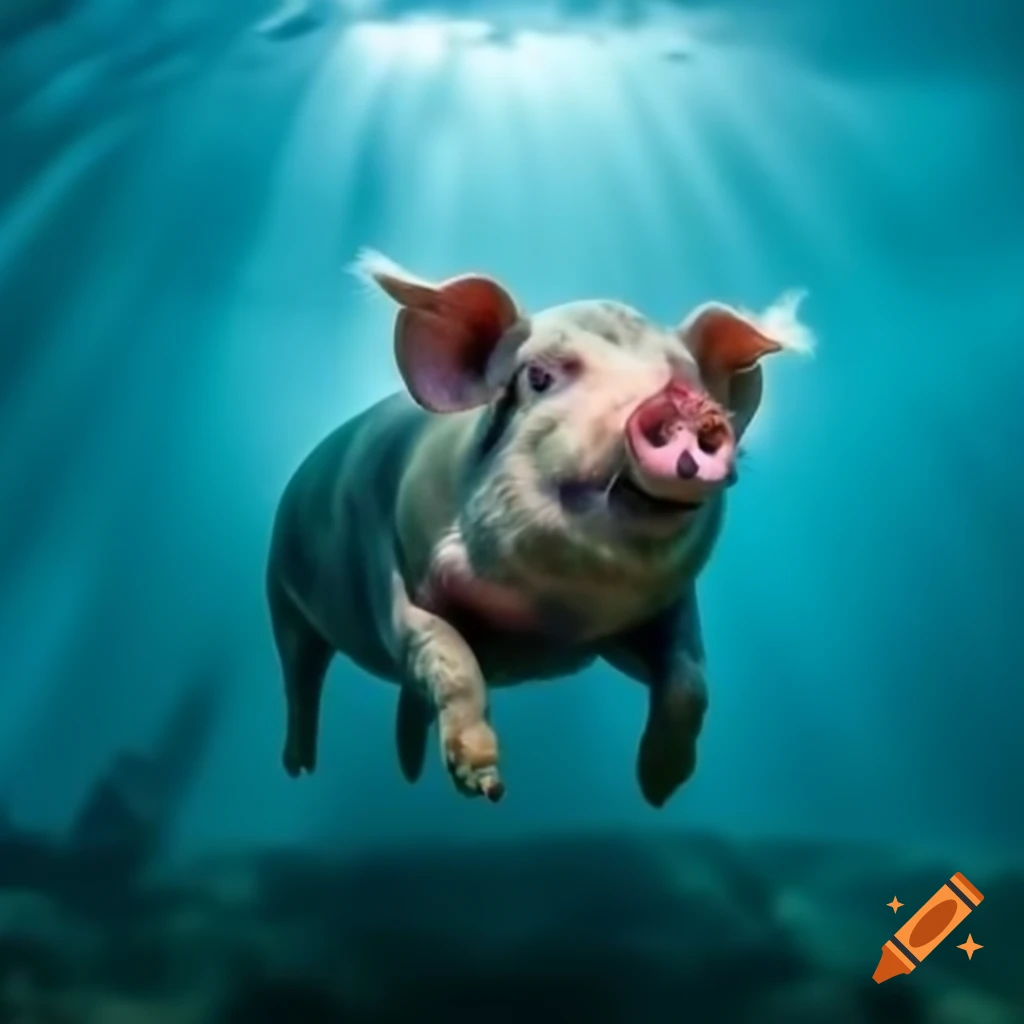 Pig swimming underwater