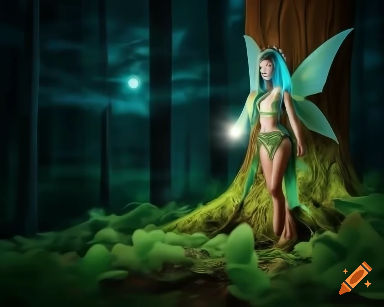 Photorealistic 3D render of a fairy standing by a tree in a forest