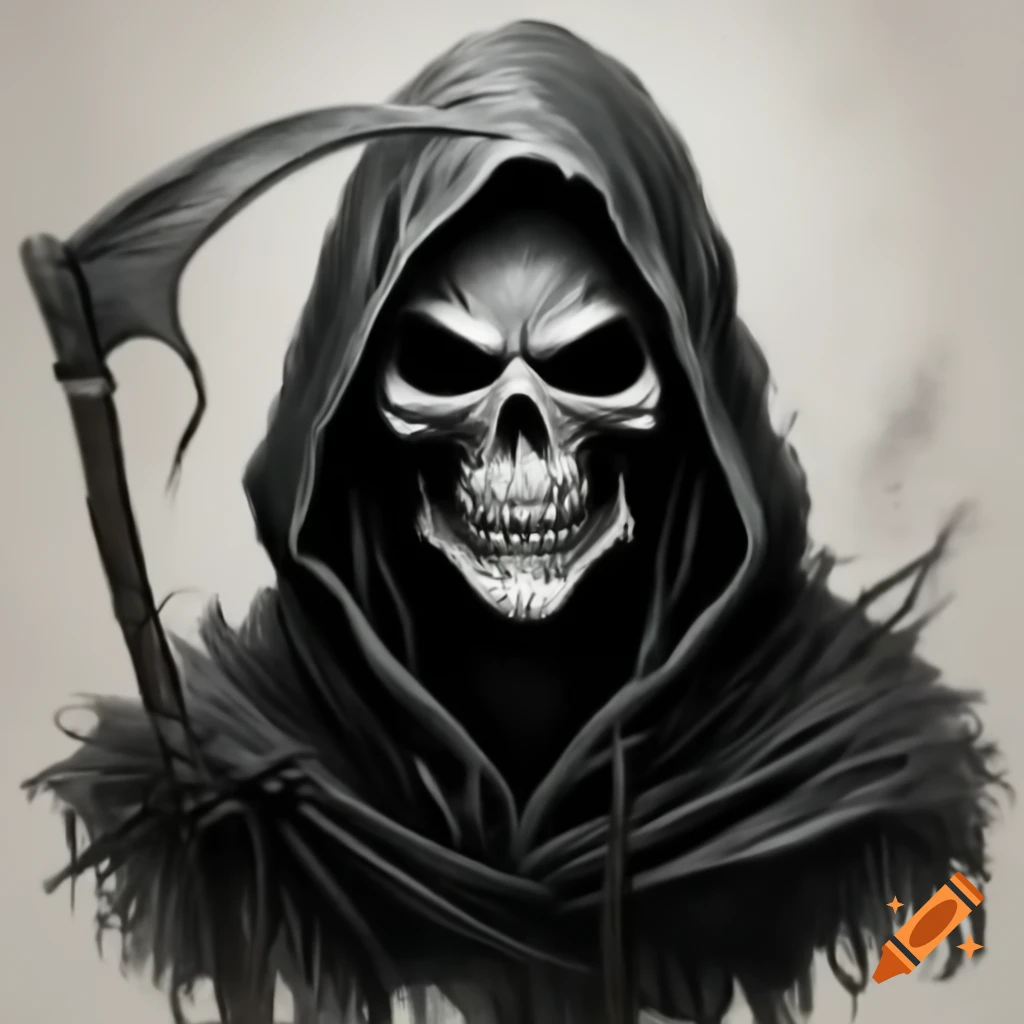 Stipple style illustration of a reaper