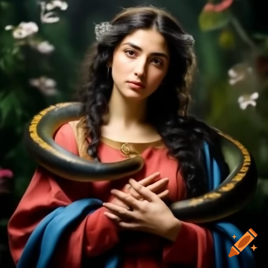 Virgin Mary Magdalene In Lush Garden With Living Snake Colorful Attire virgin-mary-magdalene-in-lush-garden-with-living-snake-colorful-attire