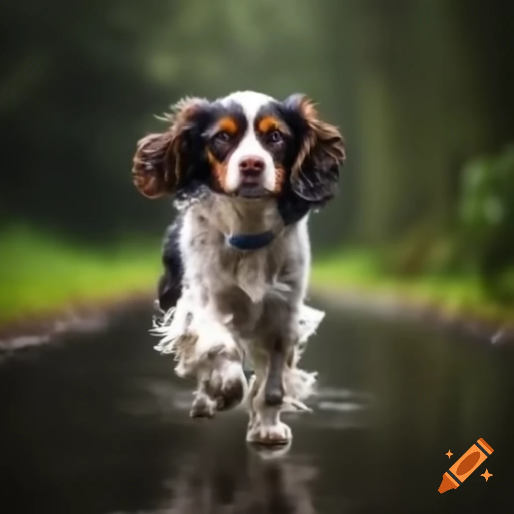 Tri-color spaniel walking in the rain