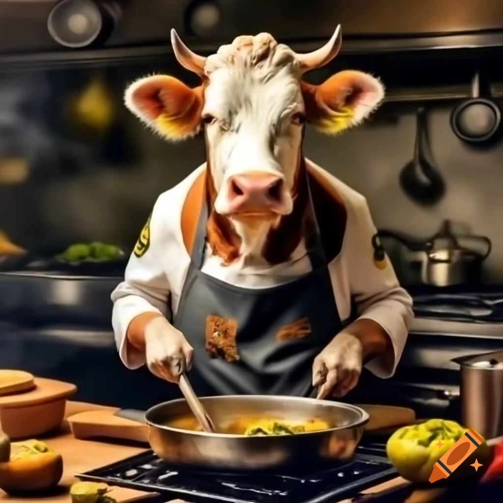 Happy cow in kitchen cooking vegetarian dish wearing chef's apron