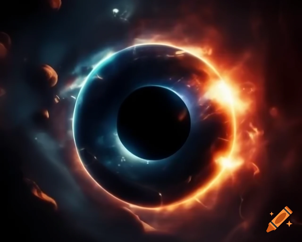 Realistic black hole in star-filled space with artistic anamorphic lens flare