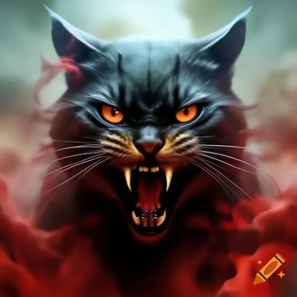 Dark silhouette of cat with glowing eyes in crimson mist