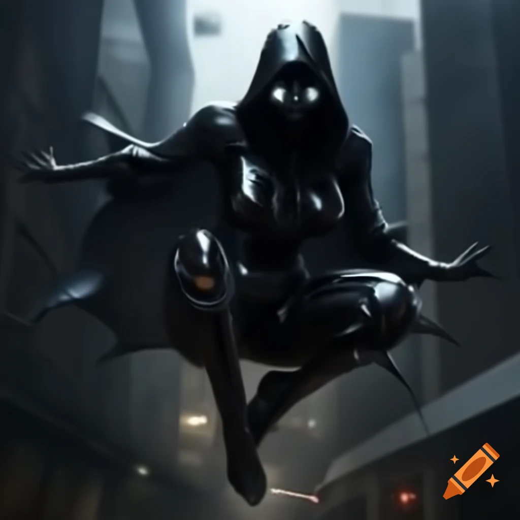 Ninja robot in black leaping from rooftop in urban setting
