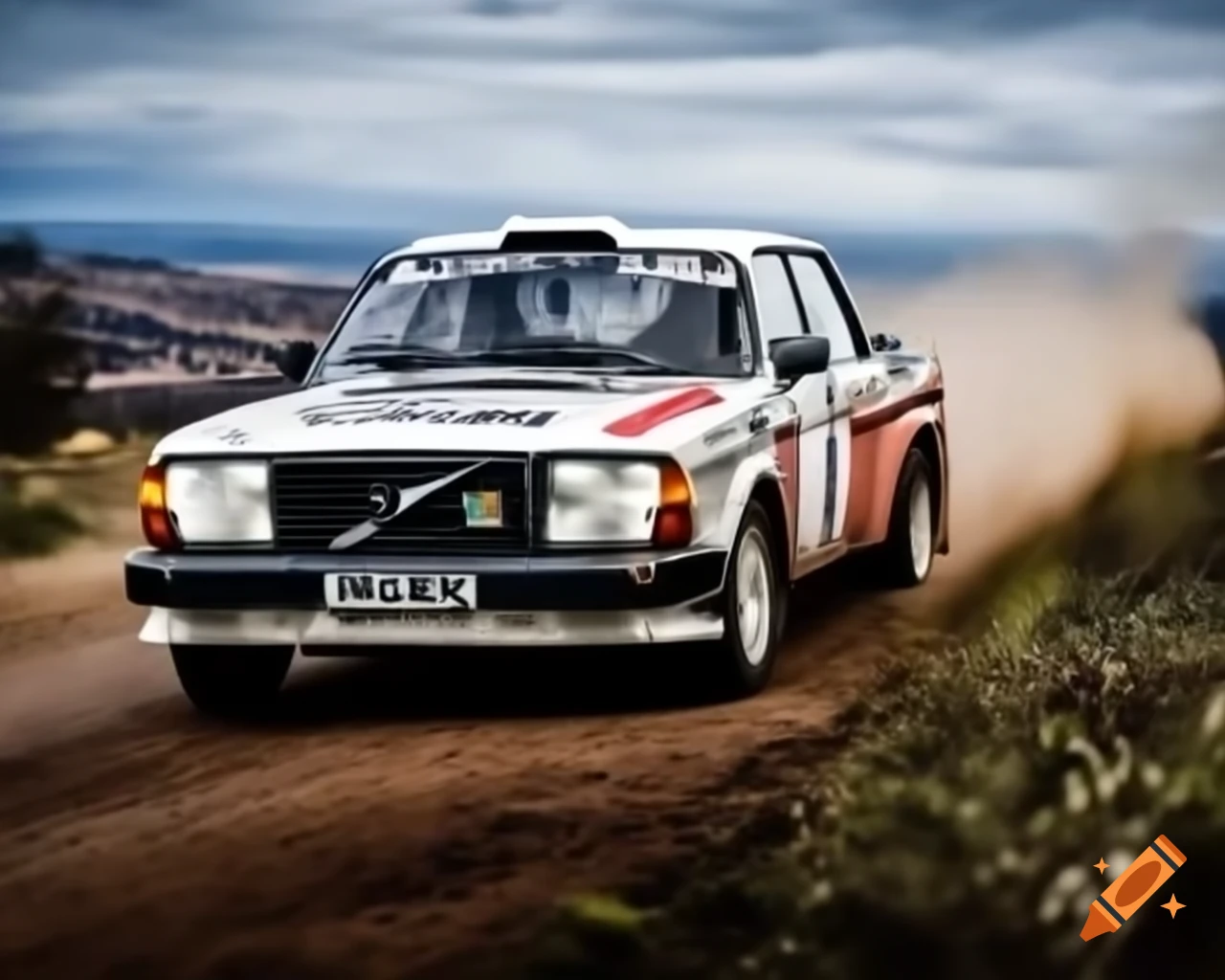 Panorama view of Volvo 240 at Rallye Monte Carlo, detailed painting inspired by Simon Britnell