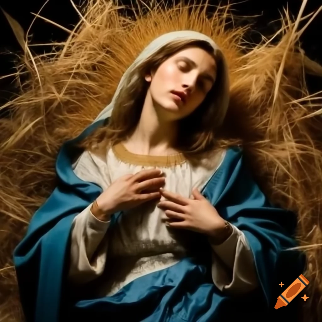 Virgin Mary reclining on straw, with a serene expression and flowing garment