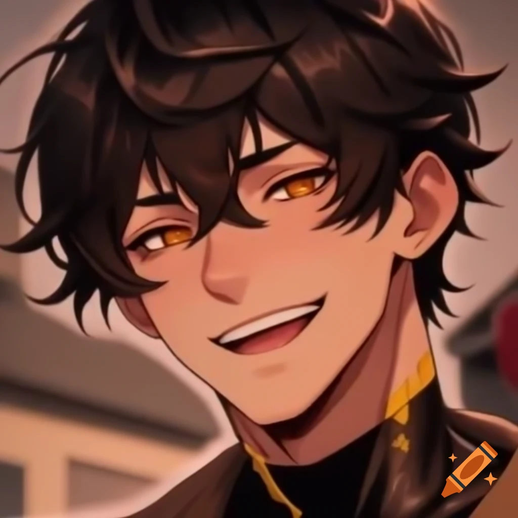 Anime character of a tall, muscular young man with dark brown hair and amber eyes, featuring a cute smile