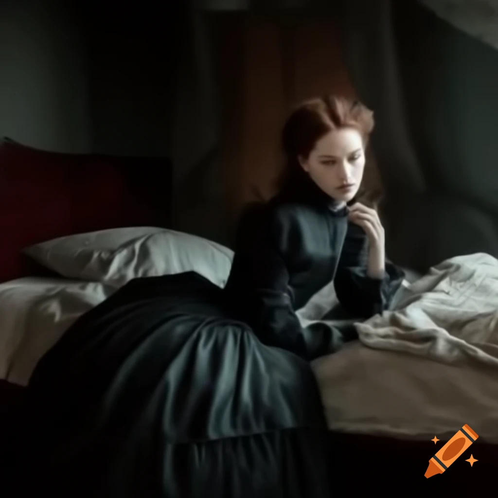 Woman in Victorian Gothic dress sitting on a bed