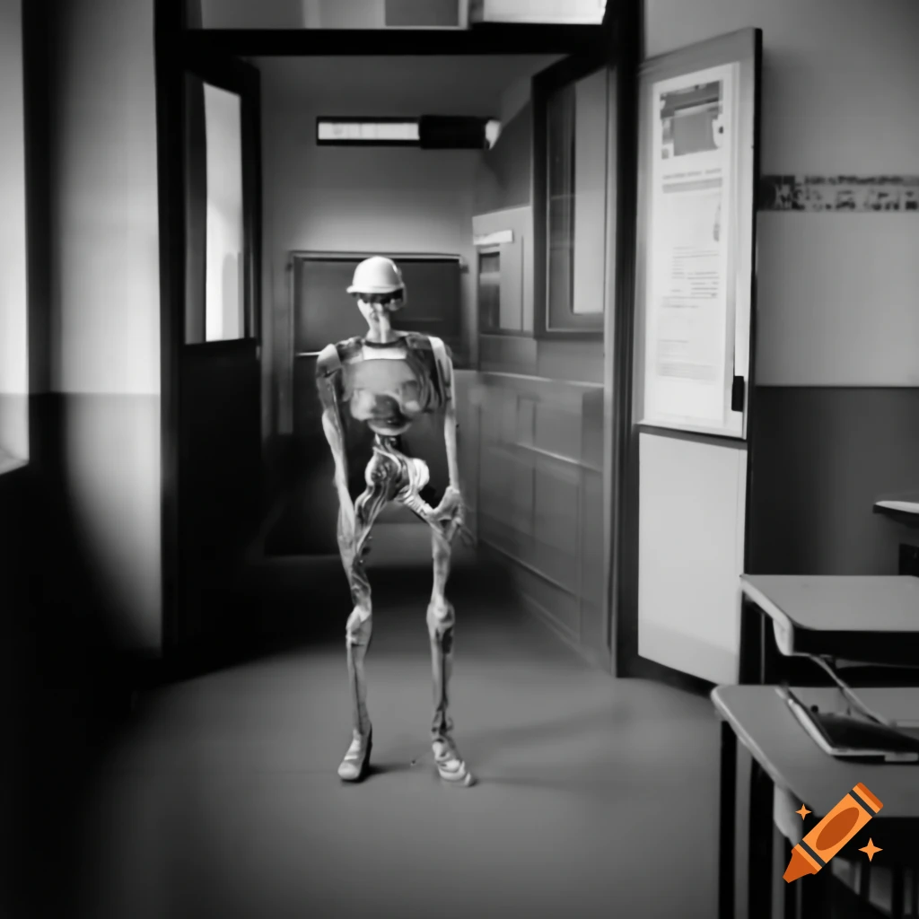Skeleton walking past classroom doors with textbook and grin