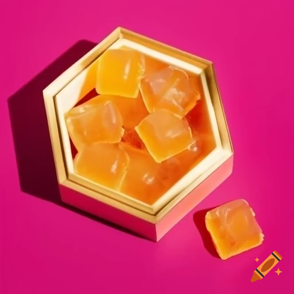 Amber-colored honeycomb gummies in luxury golden box on fuchsia background