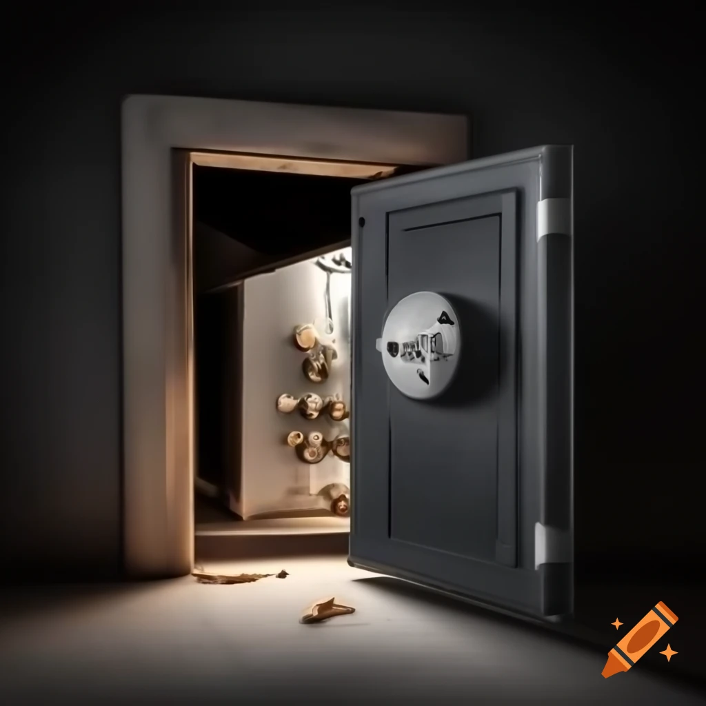 Open metal safe embedded in wall with realistic steel texture and soft light inside