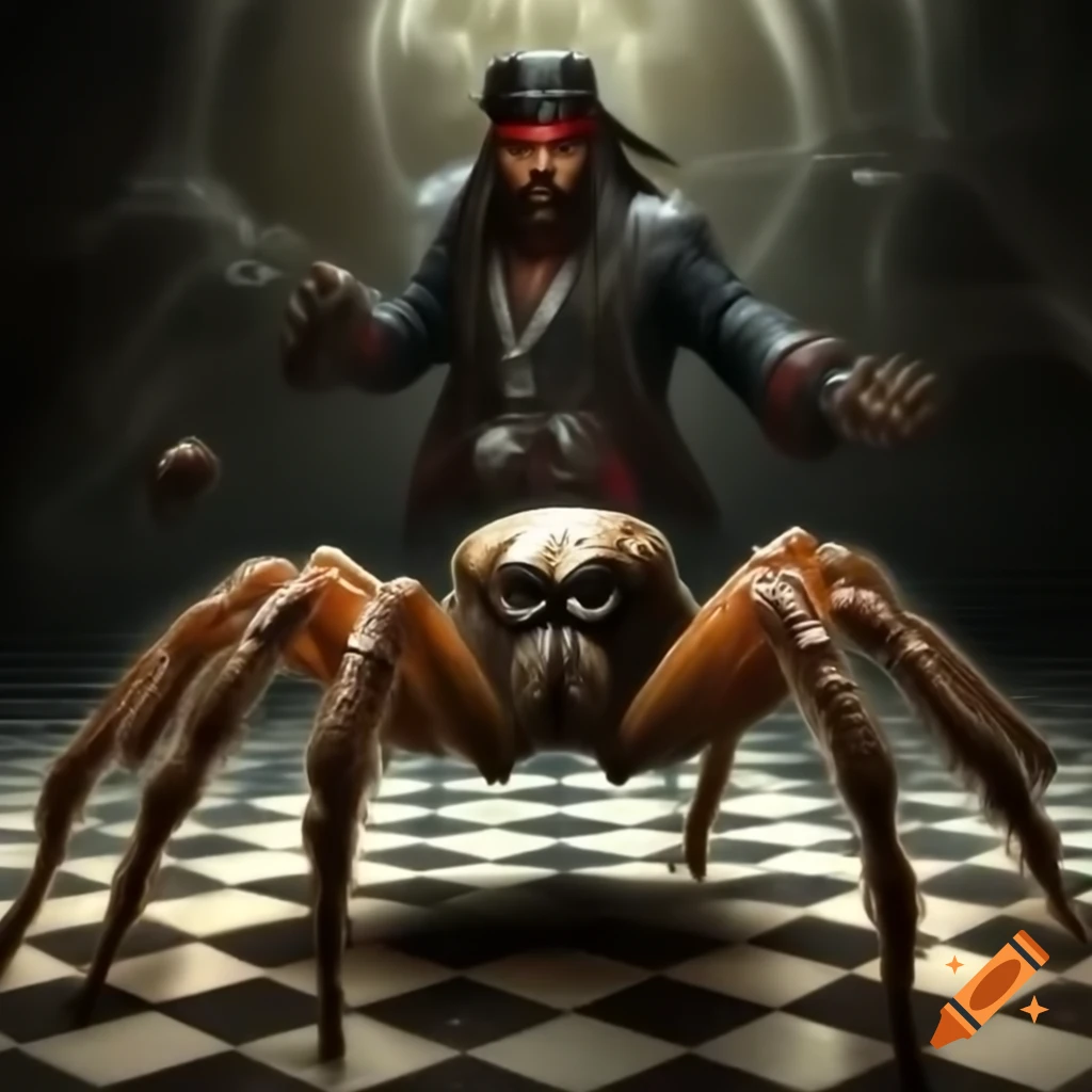 Pirate battling a giant spider on a checkered floor