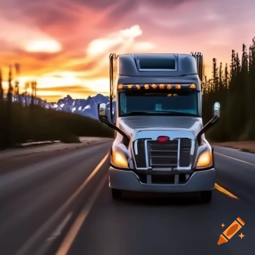 Freightliner Cascadia truck on open road during sunrise or sunset