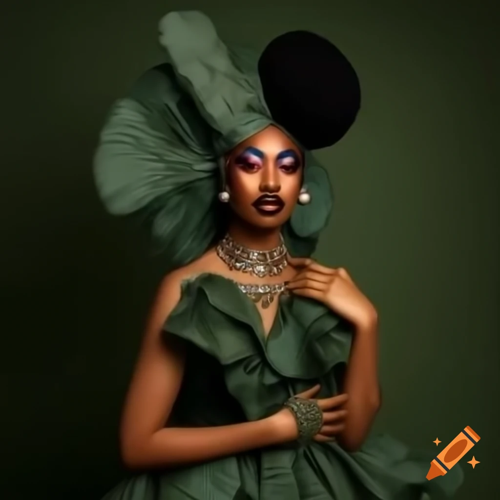 Monochromatic forest green gown worn by drag queen Nina Nectar, eco-friendly design
