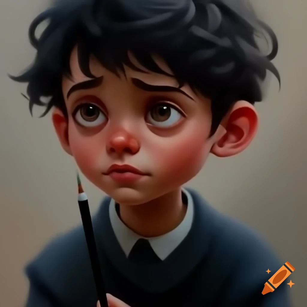 Tall boy resembling a pencil, with black hair and wearing a sweater