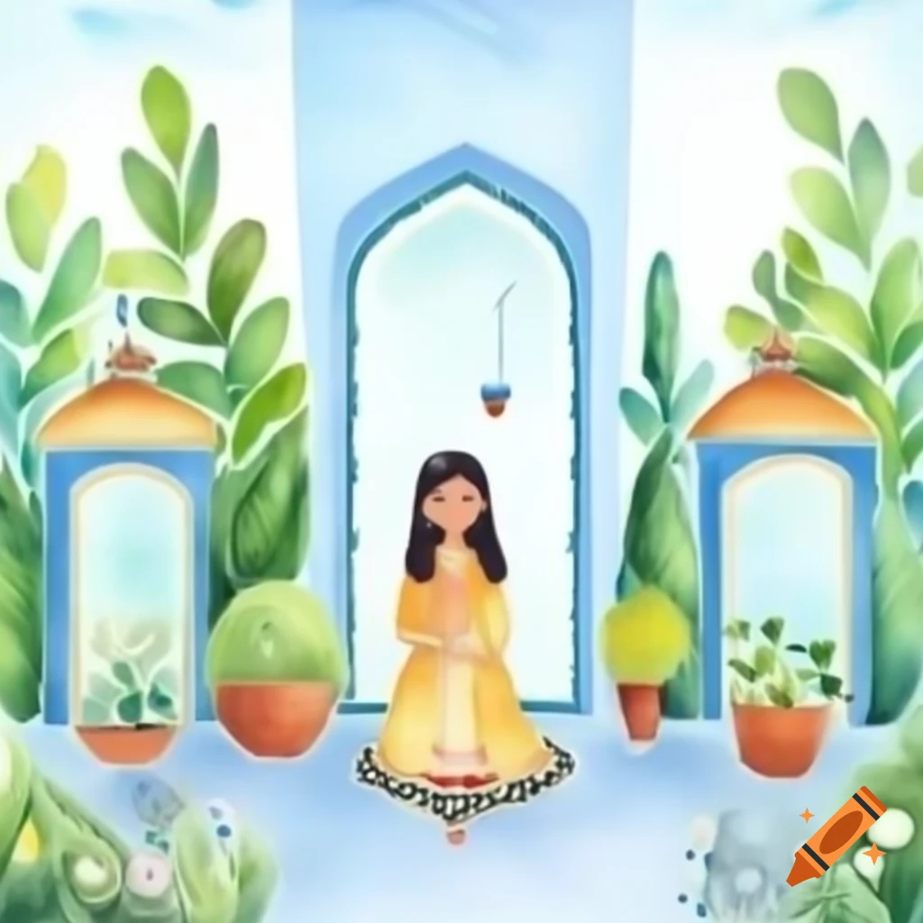 Persian garden depicted in cartoon avatar art style