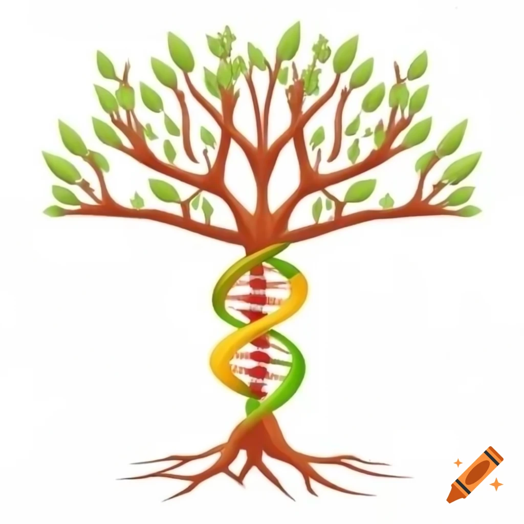 Stylized tree with intertwined DNA strands as roots