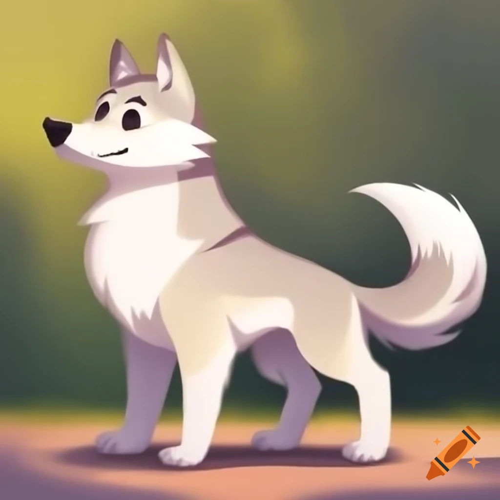 Cute wolf pup wagging tail in side view