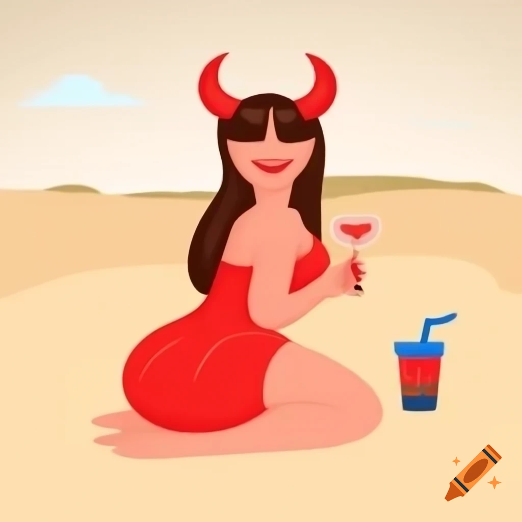 Illustration of a red woman with horns on a beach holding an exotic drink, inspired by 60s cartoon style