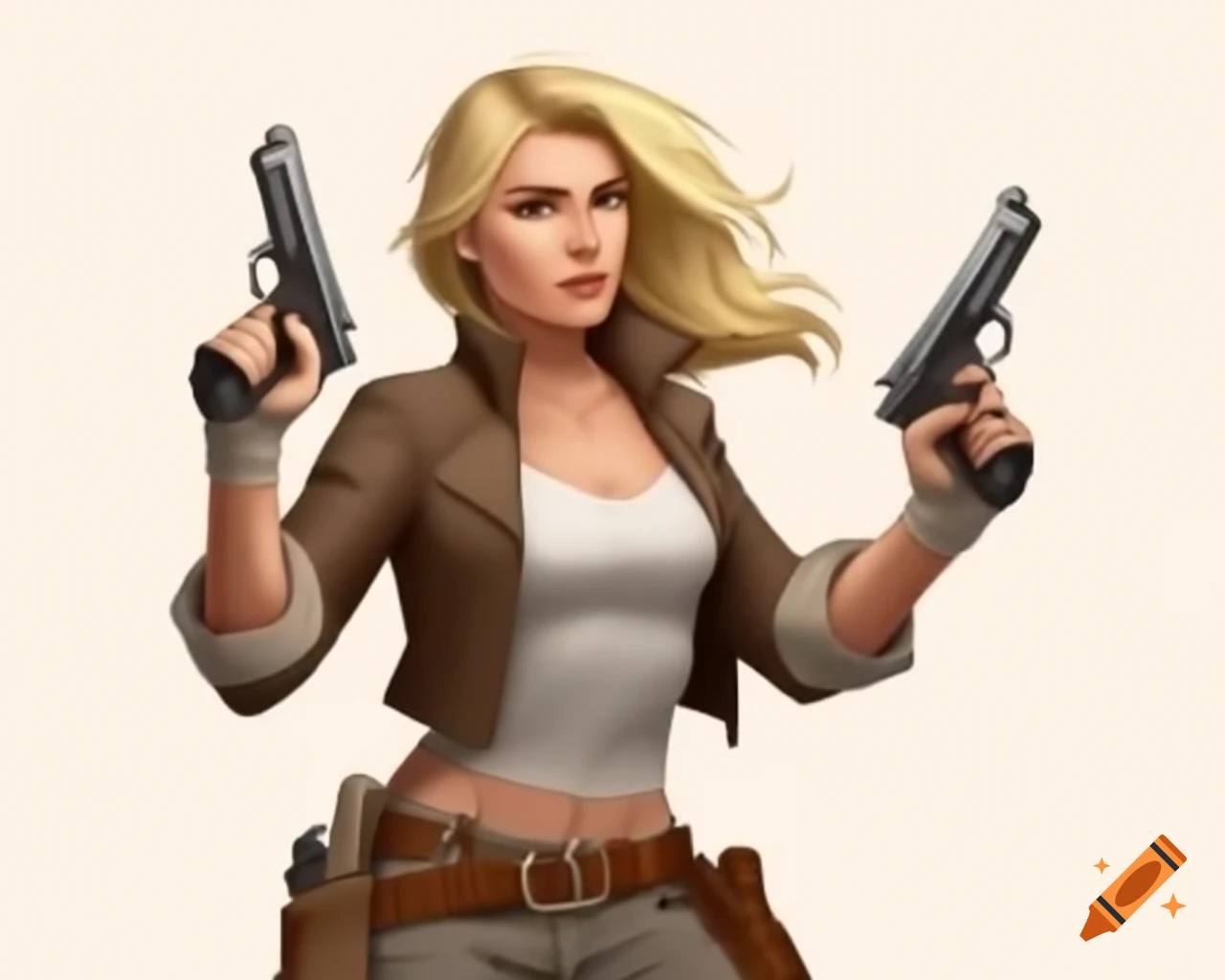 Sandy blonde female gunslinger wielding two pistols