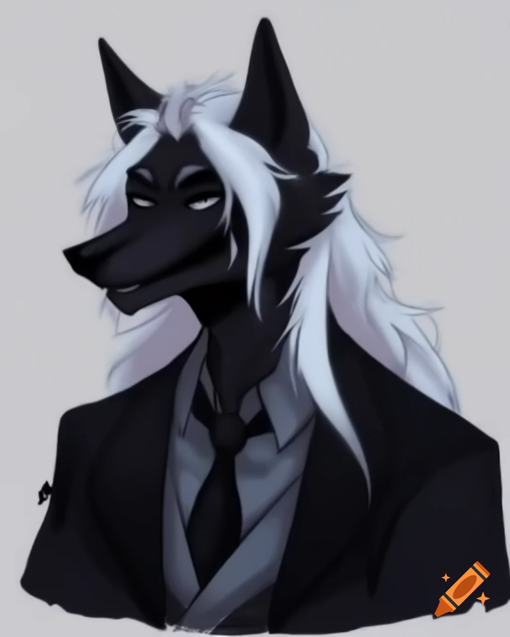 Anthropomorphic black wolf in formal attire with skull silhouette face
