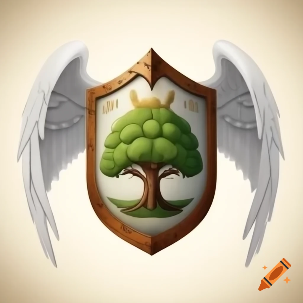 Wooden shield with ancient tree crest surrounded by angelic wings