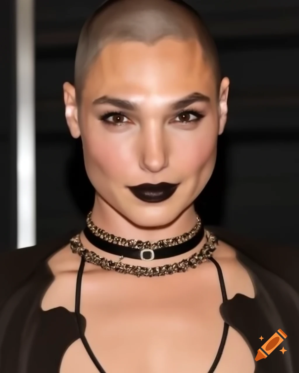 Gal Gadot with shaved head wearing leather choker and low-cut dress