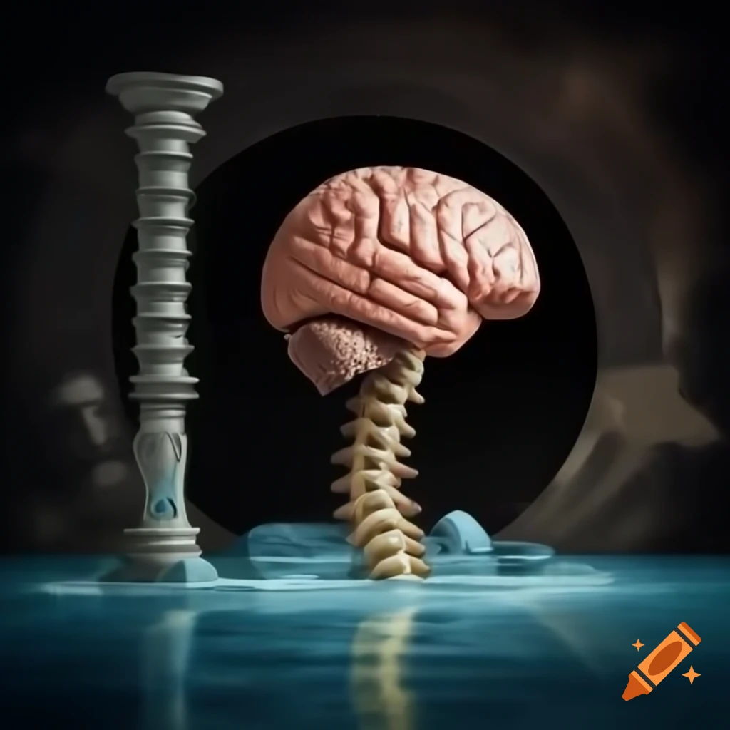 Surreal 3D brain and spinal column, half mechanical, half organic in a vat