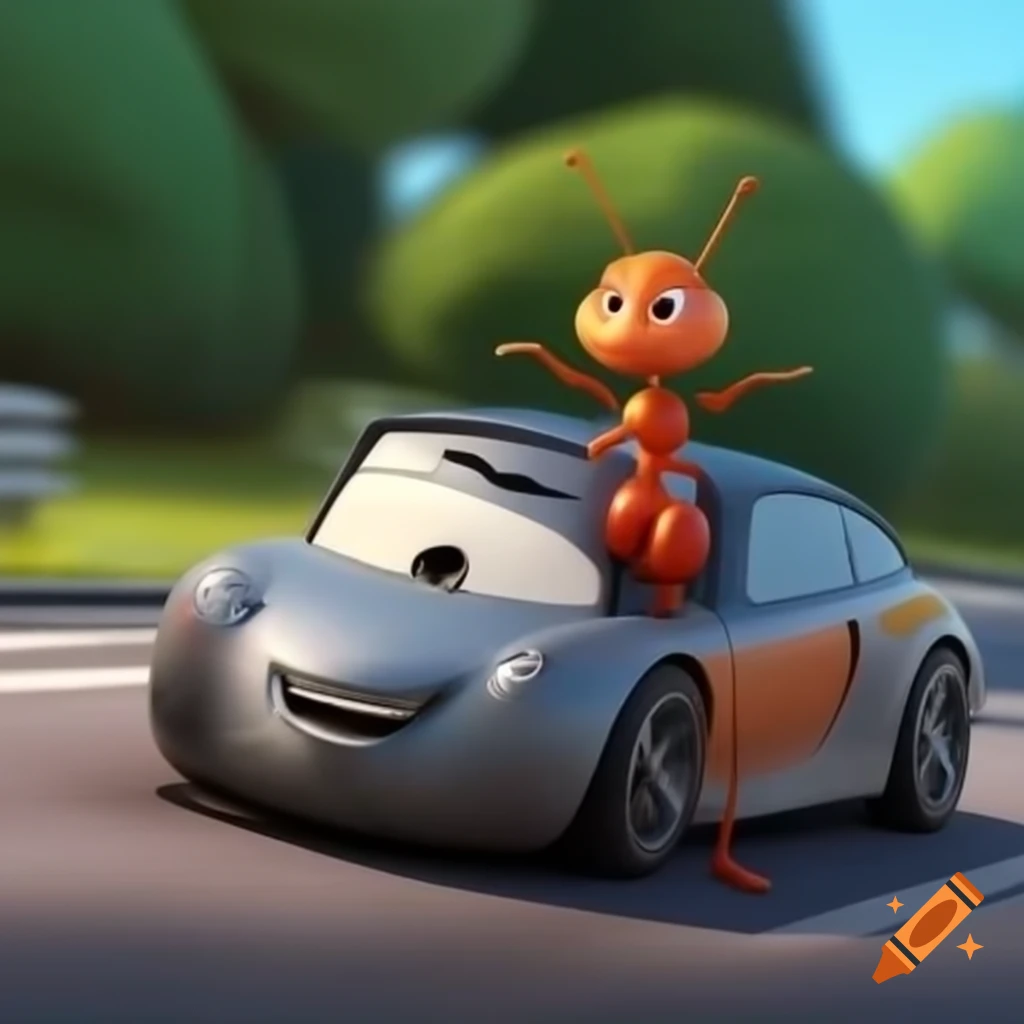 Ant driving a grey car