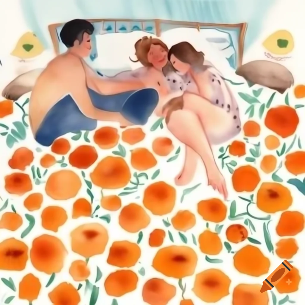 Romantic watercolor scene in cozy bedroom with couple