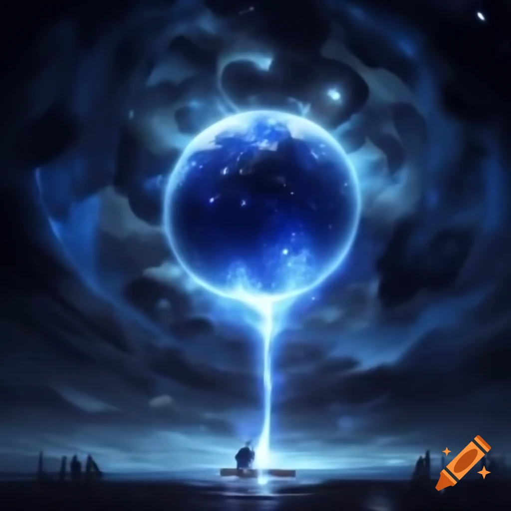 Impressionist painting of a dark blue universe with radiant white energy bubble