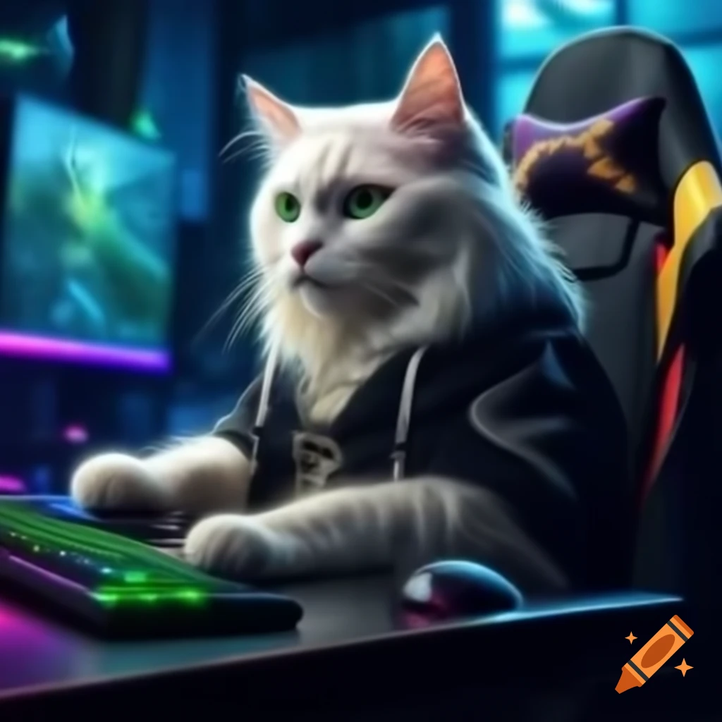 Regal white cat with green eyes in a black hoodie sitting in gaming chair