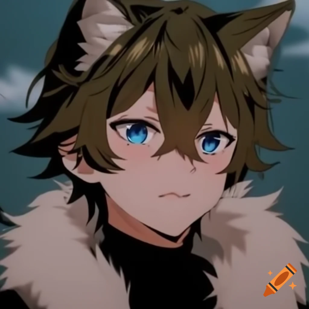 Anime wolf boy with green blueish eyes and fluffy brown features