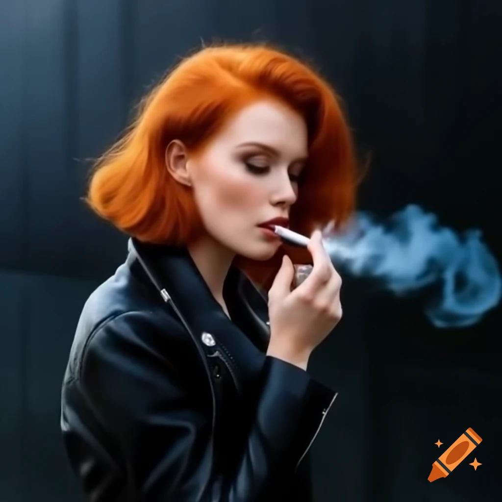 Redhead woman in black leather jacket enjoying morning cigarette